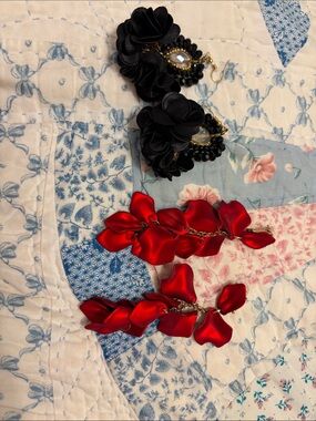 Black Floral Teardrop & Red Satin Petal Statement Earrings - Women Accessories